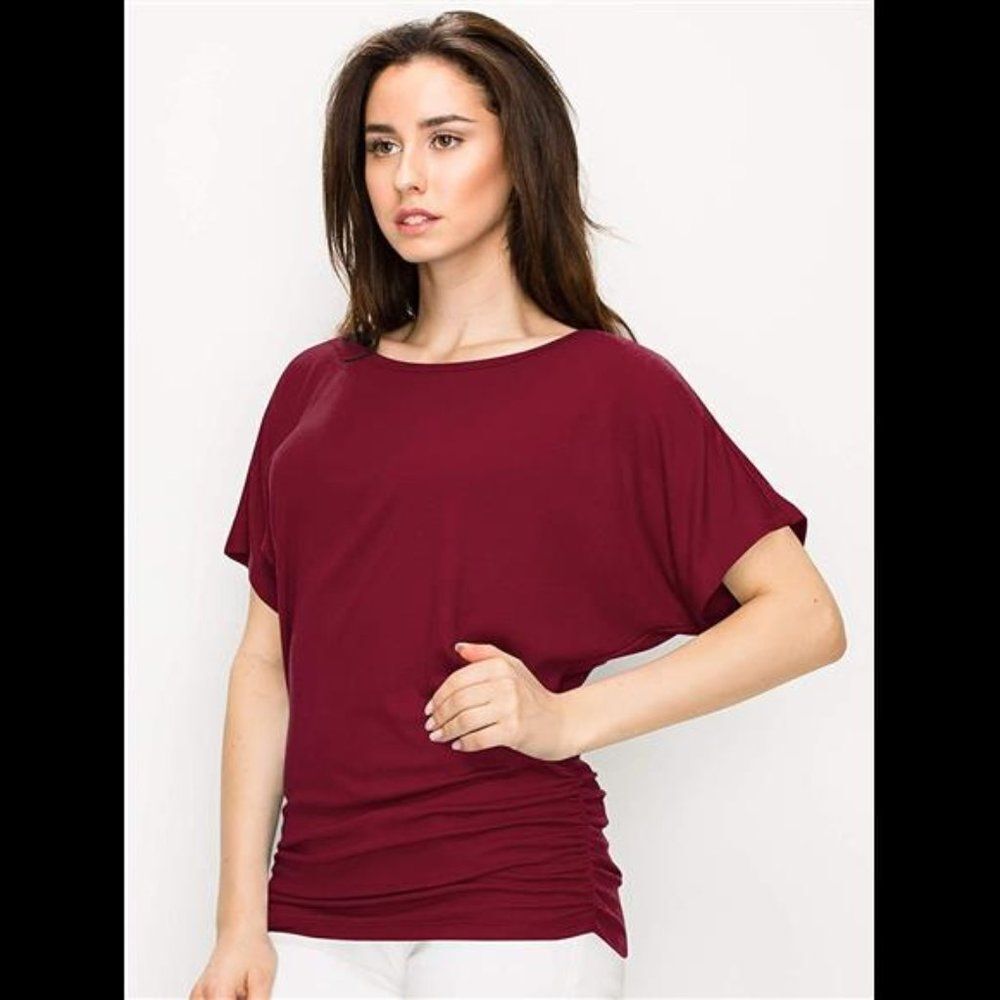Solid Short Sleeve Boat Neck V Neck Dolman Top